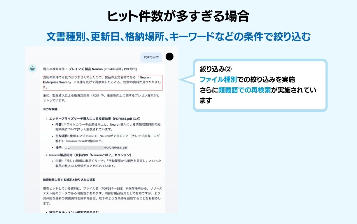 Difyアプリでは、Neuron ESの検索APIをツールとして登録し、ファイル種別での絞り込みを実施。さらに類義語での再検索が実施されています